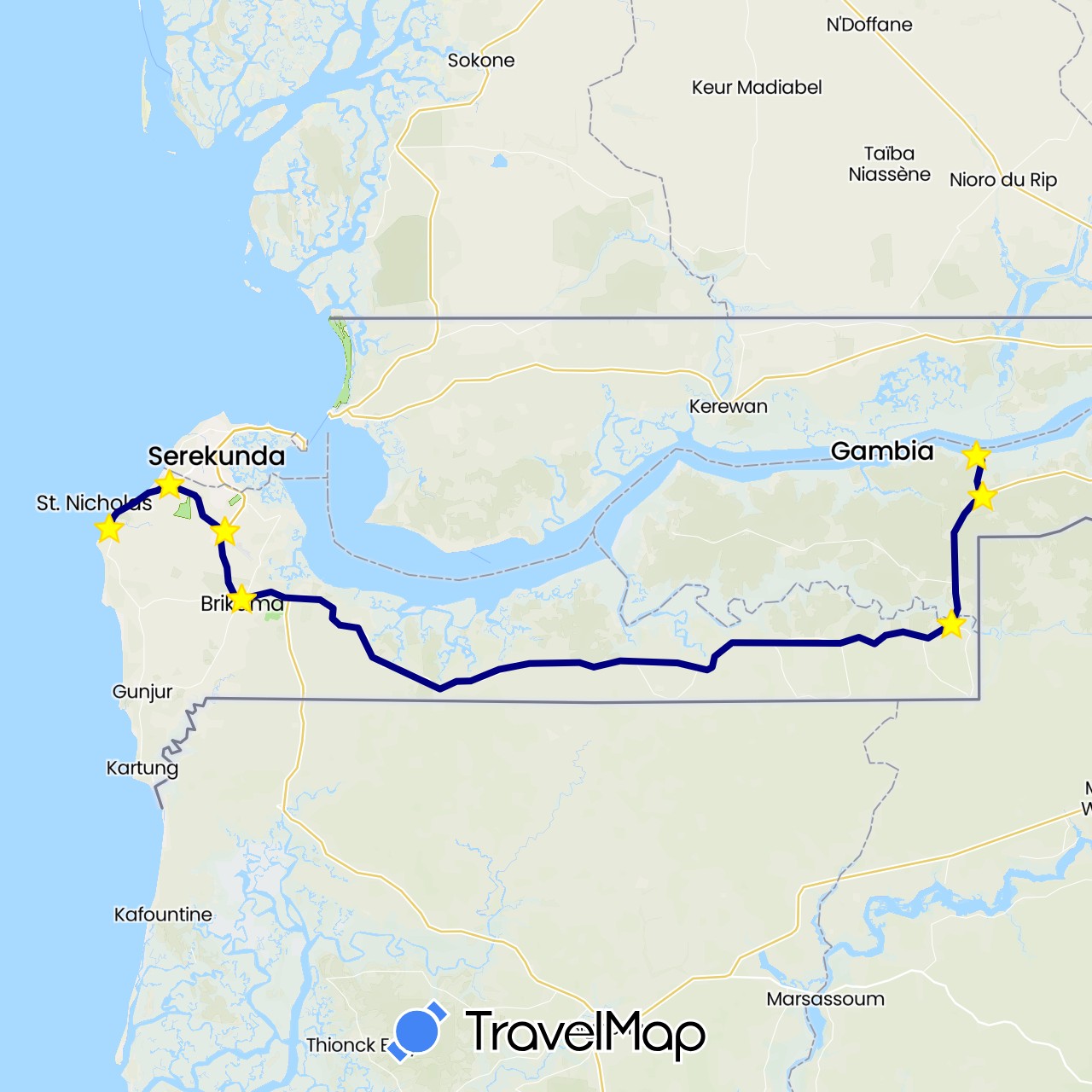 TravelMap itinerary: driving in Gambia (Africa)