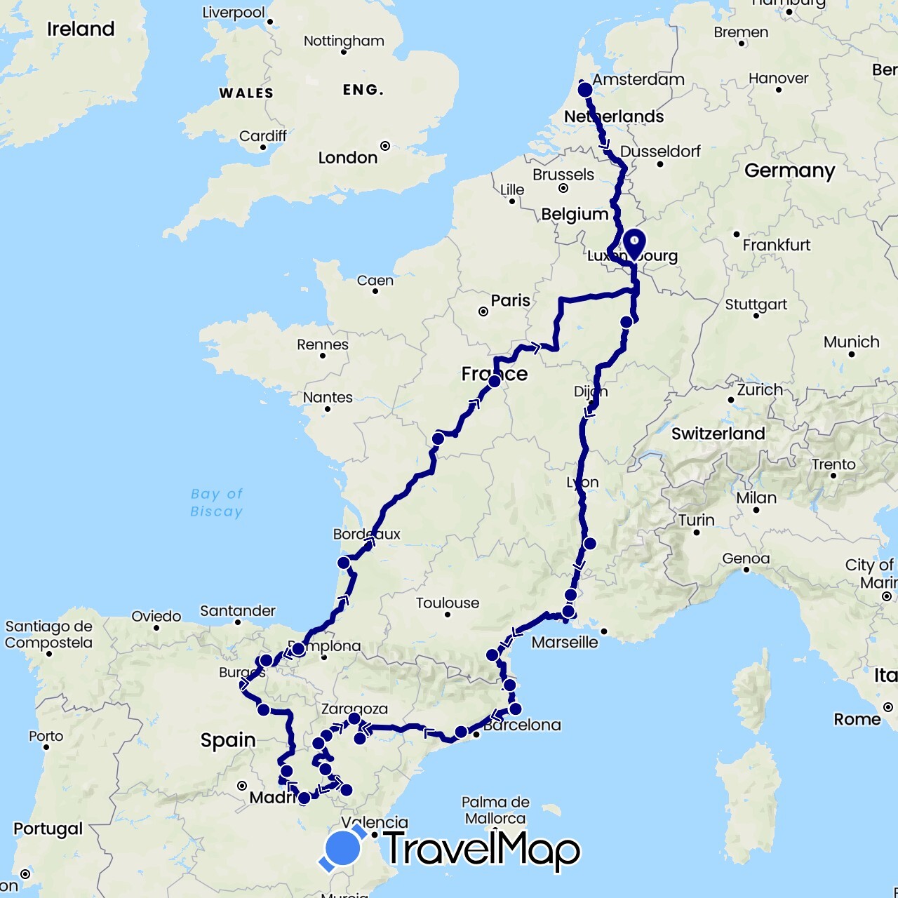 TravelMap itinerary: driving in Spain, France, Luxembourg, Netherlands (Europe)