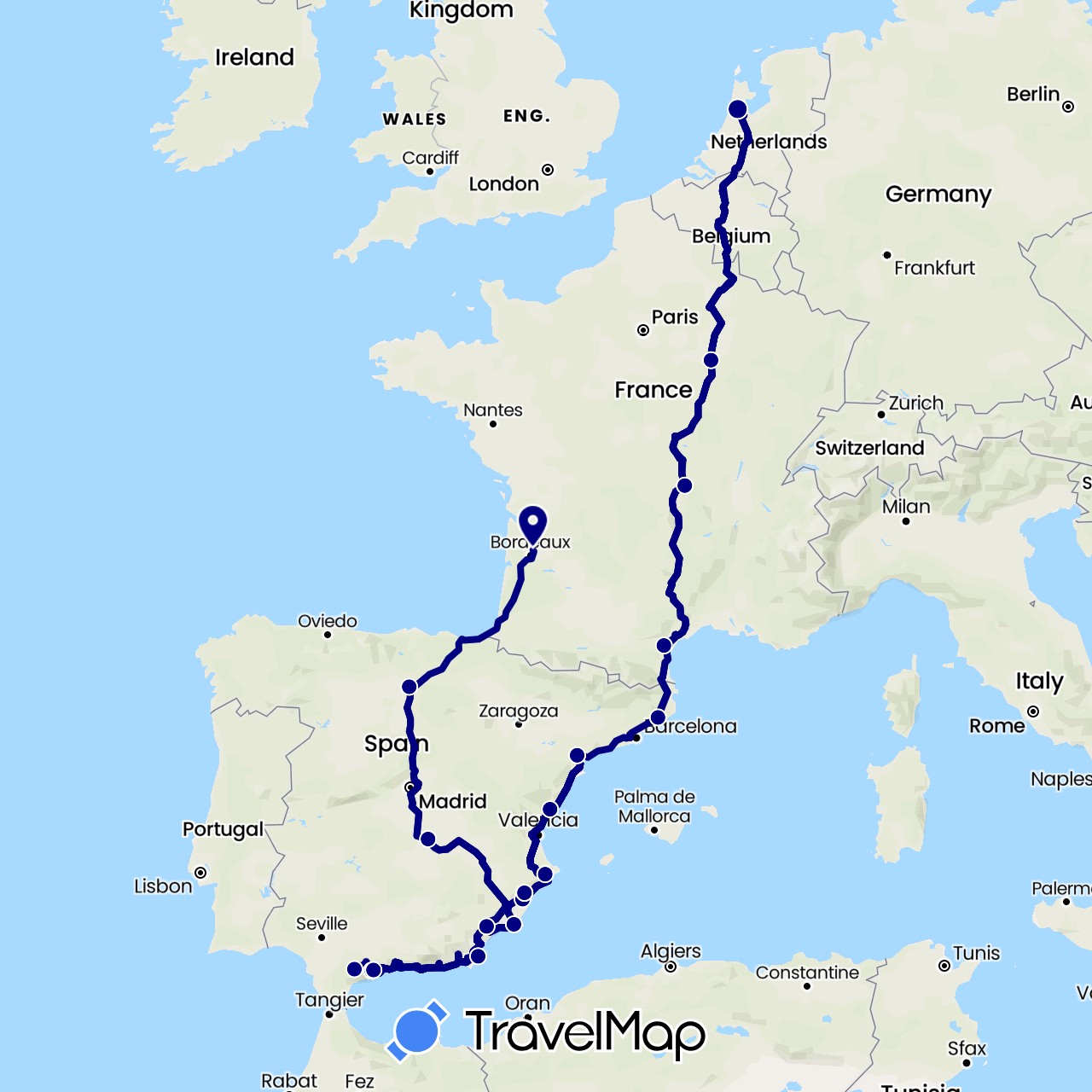 TravelMap itinerary: driving in Spain, France (Europe)